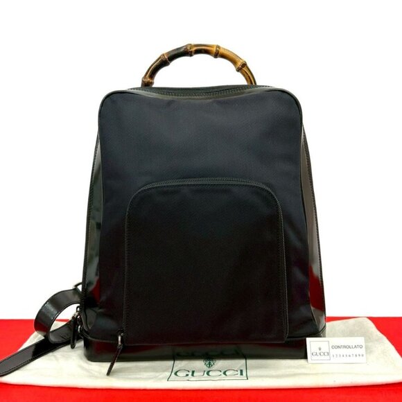Gucci Vintage Bamboo Nylon Patent Backpack